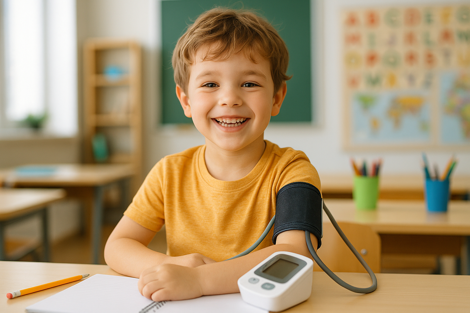 younger kid in school with blood pressure monitor happy